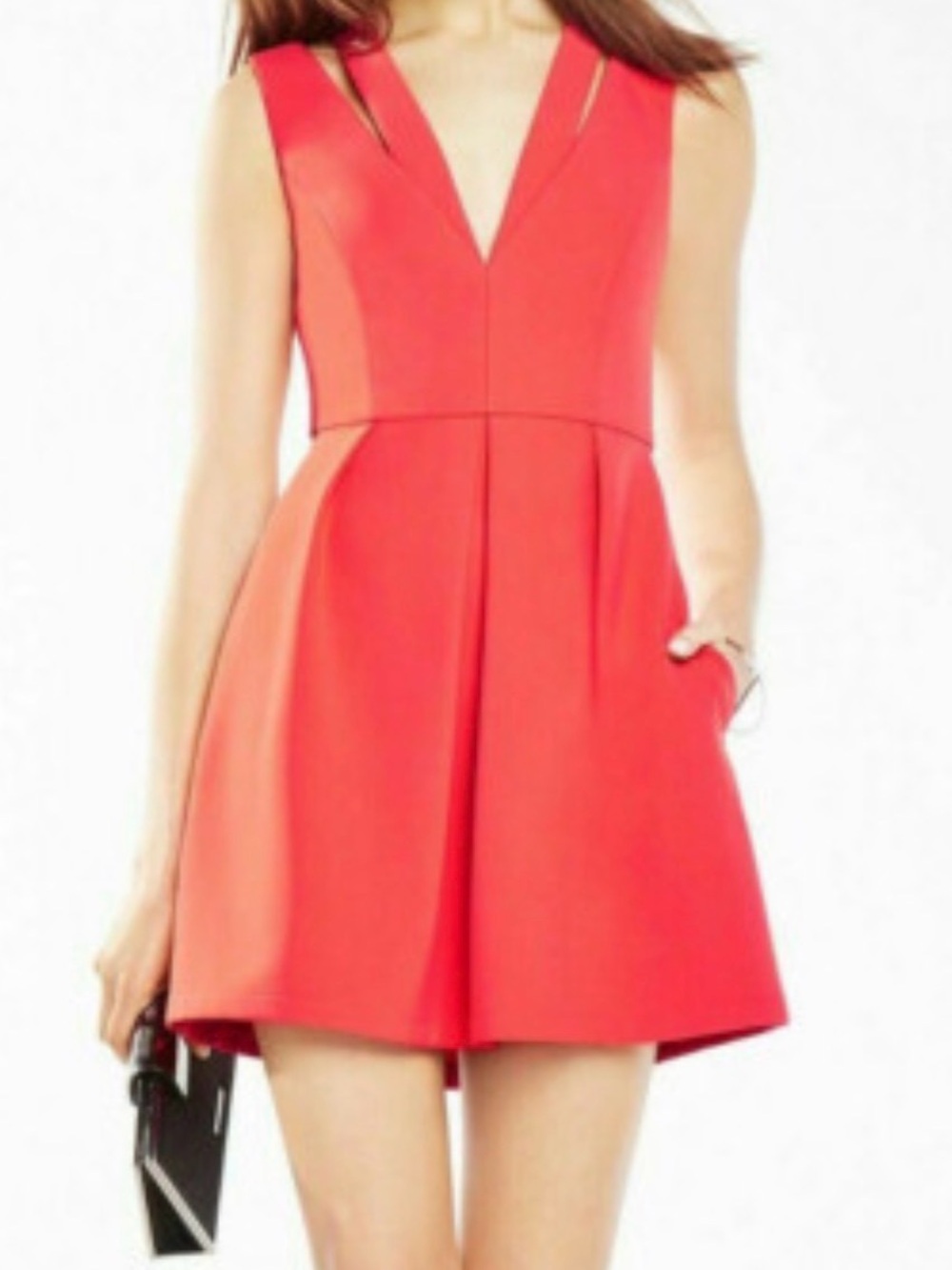 BCBGMaxAzria Red Sleeveless V-Neck Fit & Flare Mini Dress with Pockets